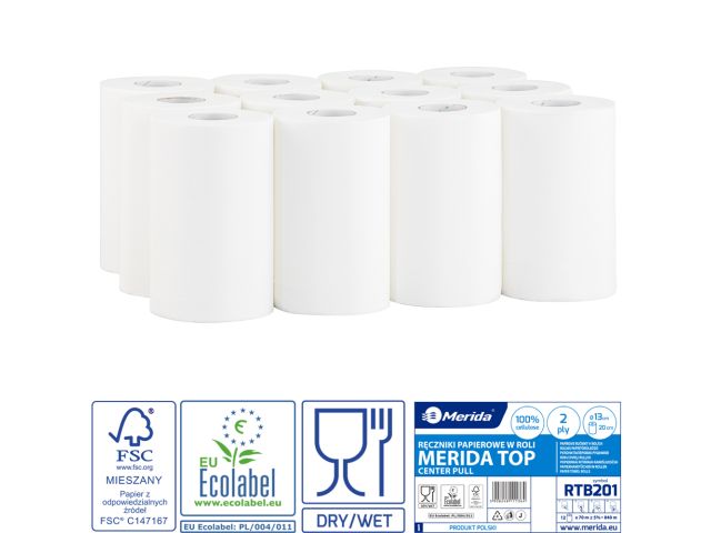 Ręczniki papierowe w roli MERIDA TOP MINI, białe, średnica 13 cm, długość 70 m, dwuwarstwowe, zgrzewka 12 rolek, ECOLABEL